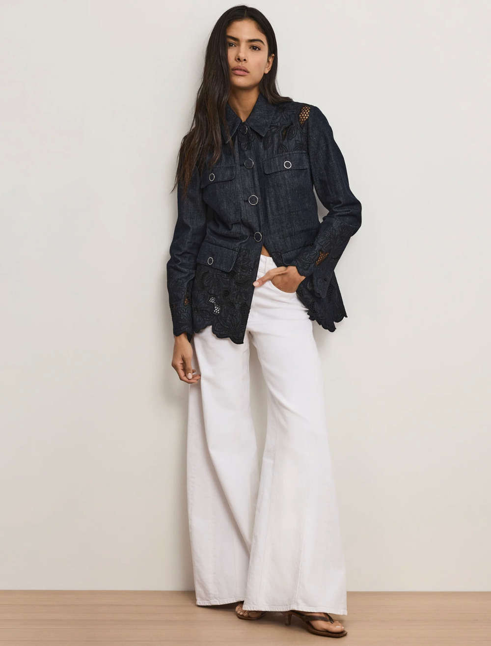 Veronica Beard Kiki Eyelet Jacket Navy Chambray Cinched Field Jacket